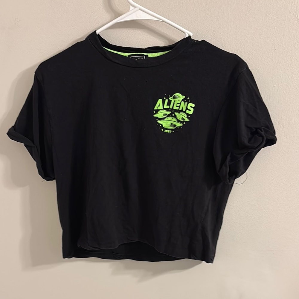 Black Crop Top with Green Alien Graphic
